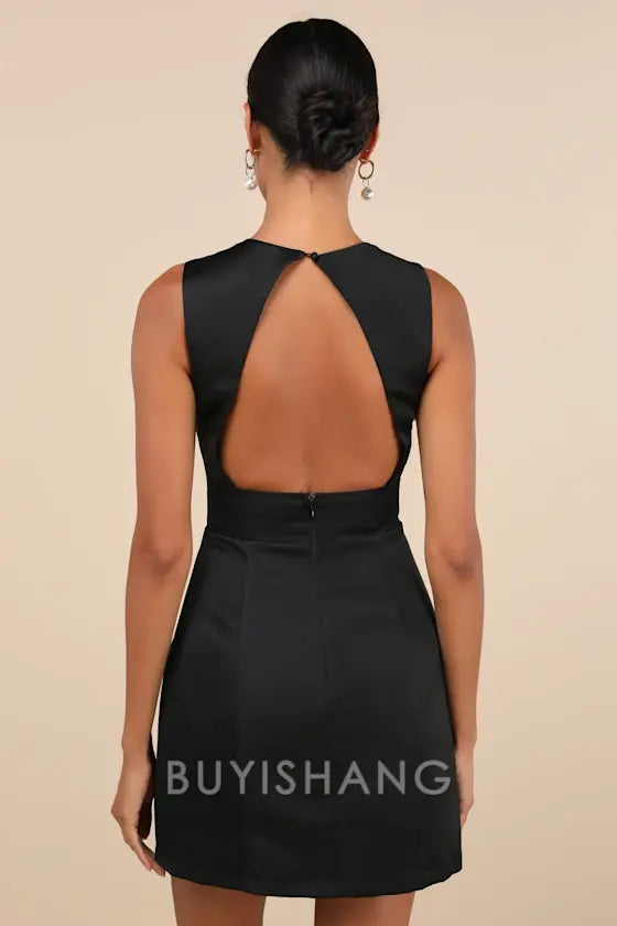 Buyishang Elegant Black Satin Square - Neck Mini Dress: Timeless Choice for Cocktail Parties